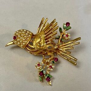 Gold Bird Brooch with Pearls and Red Details
